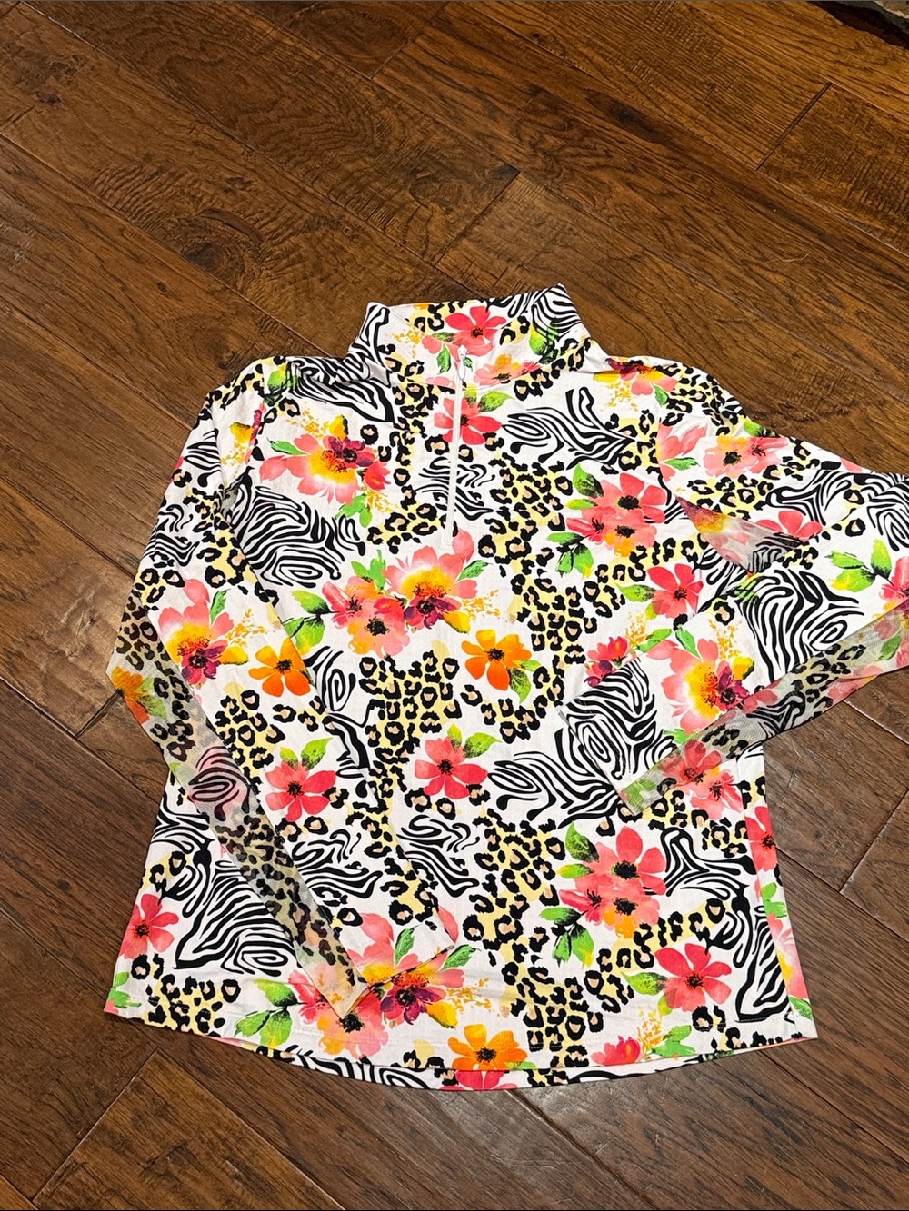 Floral + Animal Print Quarter-Zip Pullover - White Background